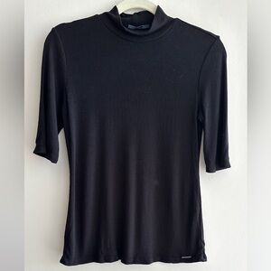 T Tahari Black Ribbed Mockneck Short Sleeve Blouse, Size Small